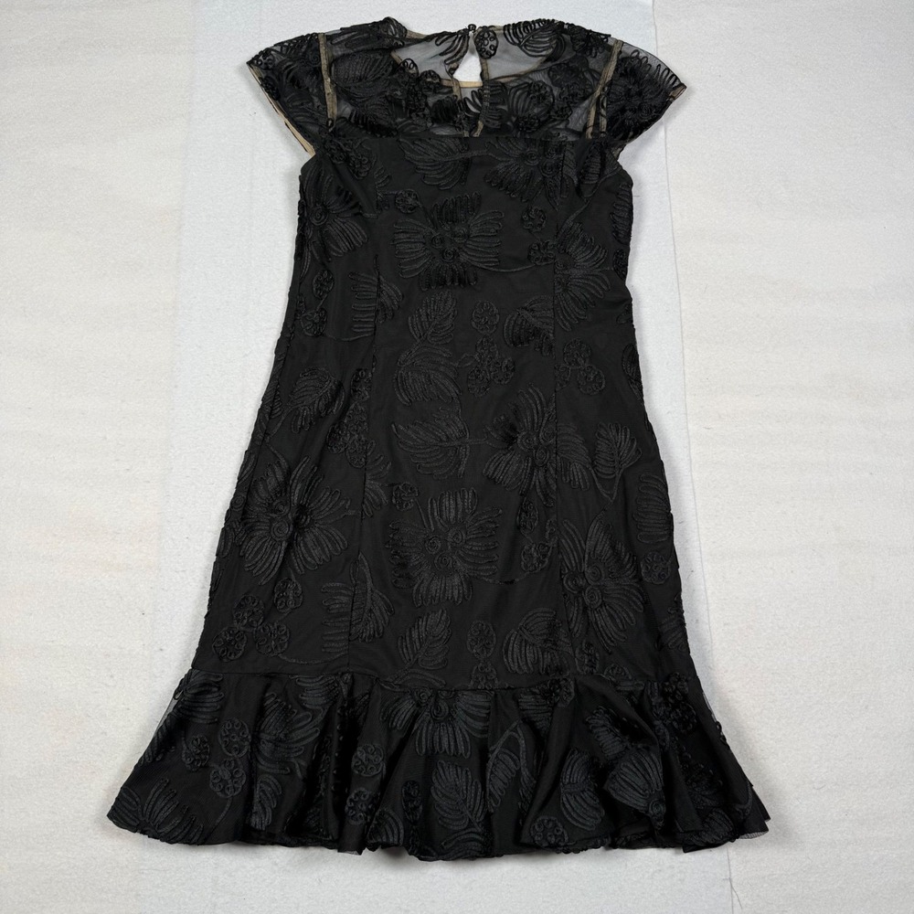 Halston Black Floral Embroidered Mesh Ruffle Hem Cocktail Dress Size 4 Cap - Picture 8 of 8